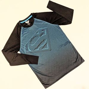 Superman Athletic Shirt Long Sleeve Black and Blue Stripes Superman Graphic Lg